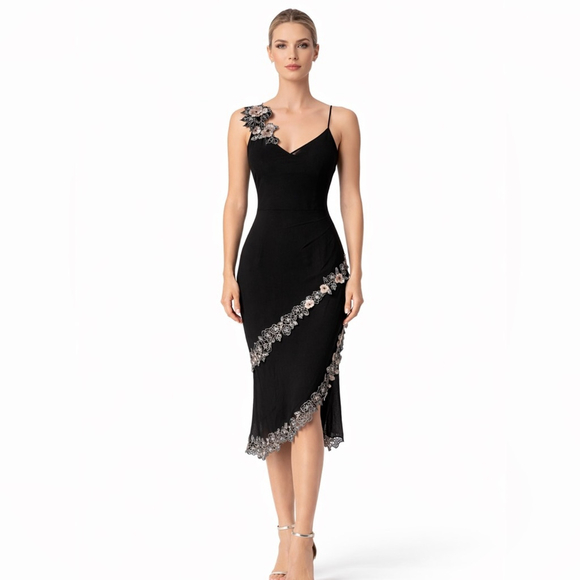 Karen Millen Black Silk Embroidered Dress